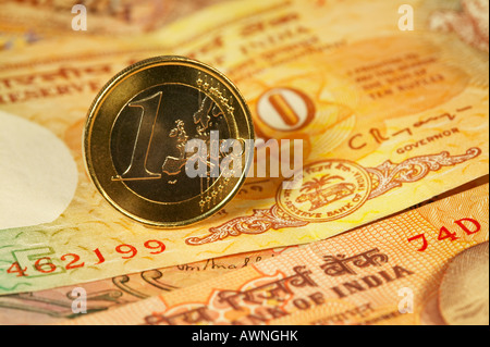 Euro Coin Indian Rupee Bank notes close up Stock Photo