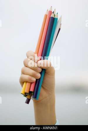 Child's hand holding fistful of colored pencils Stock Photo