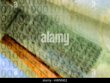 Binary code typography overlaying ancient writing, montage Stock Photo