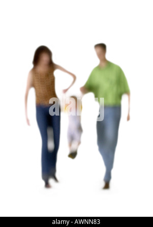 Silhouette of parents swinging child, on white background, defocused Stock Photo