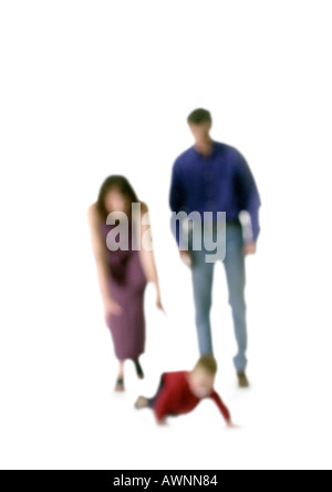 Silhouette of parents with crawling child, on white background, defocused Stock Photo