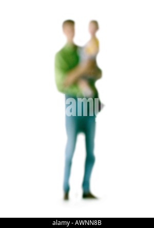 Silhouette of man holding child on white background, defocused Stock Photo