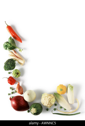 Various vegetables laid out in L shape, high angle view Stock Photo