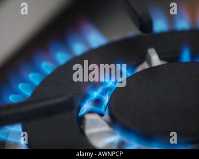 closeup of blue gas flame of stainless smeg cooker stove Stock Photo