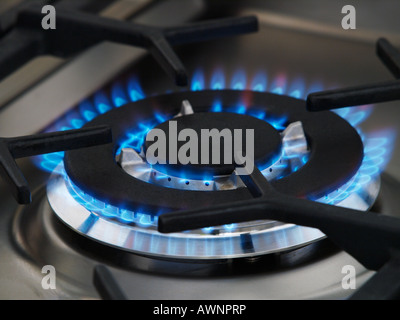 closeup of blue gas flame of stainless smeg cooker stove Stock Photo