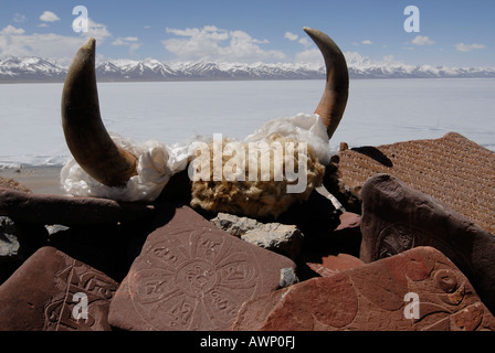 Mani stones and Yak horns laid as offerings in front of Lake Namtso ('Heavenly Lake'), frozen, Damchung, Tibet, China, Asia Stock Photo