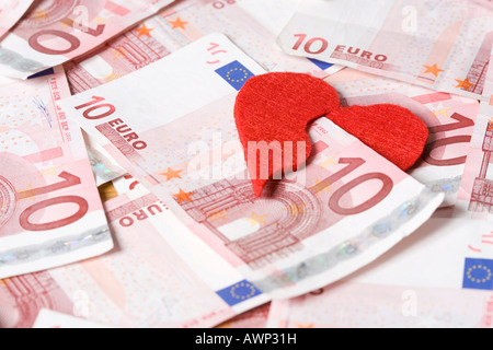 Broken heart on cash, 10-Euro notes Stock Photo