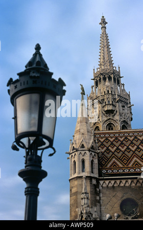Old street lamp and Mattias church in the background, Budapest, Hungary. Stock Photo