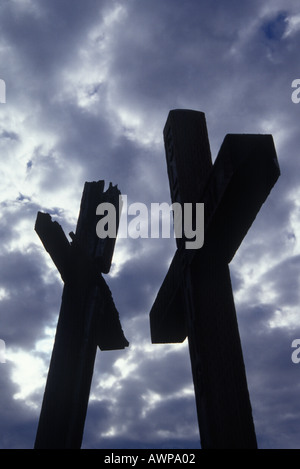 Two distressed cross grave markers in a cemetary located in Silverton, Colorado, USA. Stock Photo