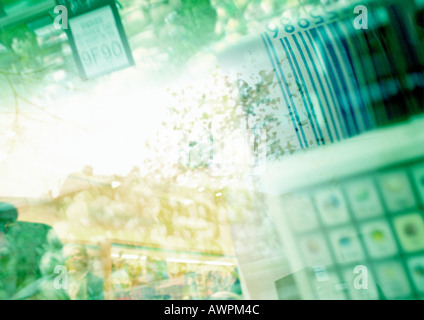 Produce scale, barcode, and produce, superimposed pictures, blurred Stock Photo