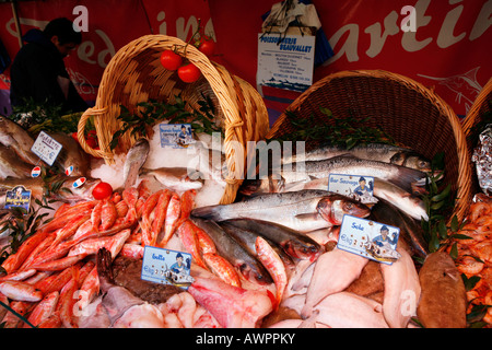 Fish vendor at the Place Maubert market, Quartier Latin, Paris, France, Europe Stock Photo