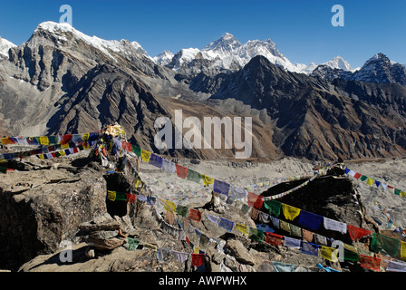 View from Gokyo Ri (5360) towards Mount Everest (8850), Nuptse (7861), Lhotse (8501) and Makalu (8463), Sagarmatha National Par Stock Photo