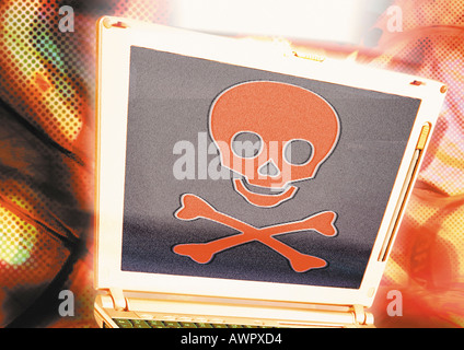 Laptop with skull and crossbones, digital composite. Stock Photo