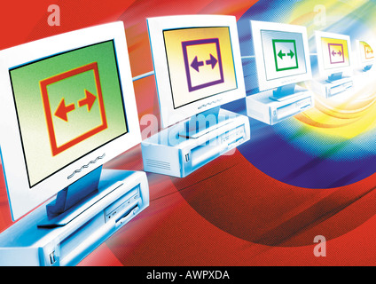 Computers floating in cyberspace, digital composite. Stock Photo