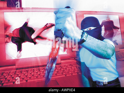 Masked man holding dagger, laptops with murder victims on screen in background, digital composite. Stock Photo
