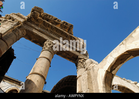 Parts of an antique temple in front of the Omayyad Mosque, Damascus, Syria Stock Photo