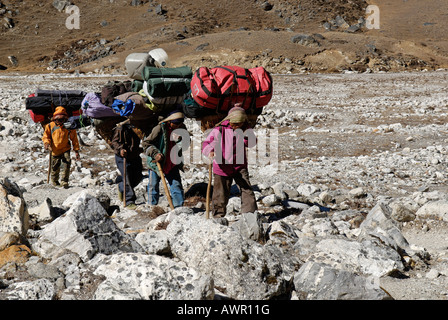 Sherpa porters with heavy load, Sagarmatha National Park, Khumbu Himal, Nepal Stock Photo