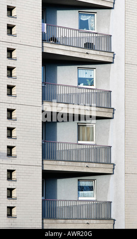 Monotone building facade with balconies, railings and small windows, Tempelhof, Berlin, Germany, Europe Stock Photo