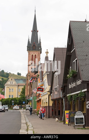 City center and St. Laurentius church, Vrchlabí, Czechia Stock Photo