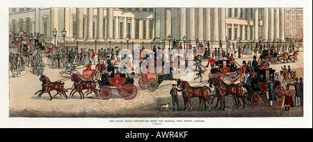 Post Office London Georgian print by Pollard of the Royal Mails leaving the General Post Office by St Pauls Stock Photo