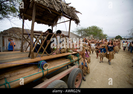 Ecuadorian people parade in traditional native costume demonstrating celebrating discovery of America by Christopher Colombus Stock Photo