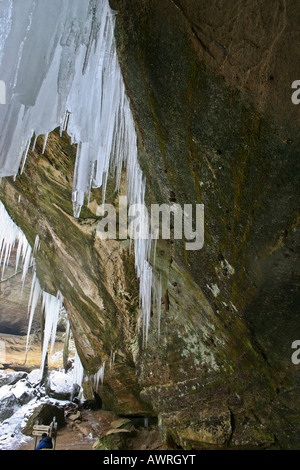 Spectacular frozen waterfall in park Hocking Hills Ohio USA Frozen waterfall ice cliff close up of nobody low angle from below background hi-res Stock Photo
