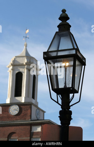 Charles Street Meeting House and gaslamp in Beacon Hill neighborhood of Boston Massachusetts Stock Photo