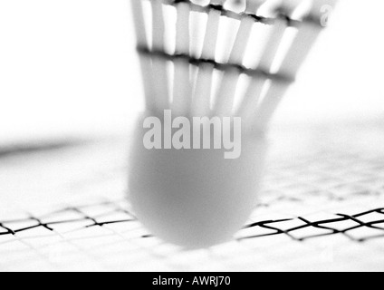 Shuttlecock and net on badminton racket, extreme close-up, b&w. Stock Photo