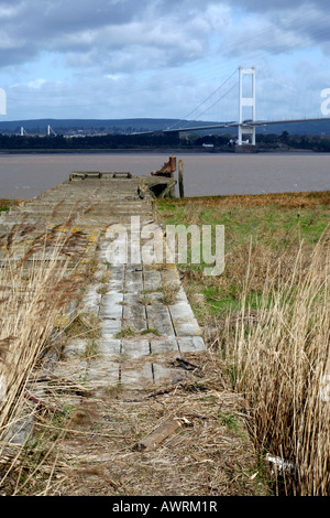 Site of the Aust ferry terminal. The Severn Bridge opened in 1966, looking from England looking towards Wales Stock Photo