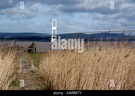 Site of the Aust ferry terminal. The Severn Bridge opened in 1966, looking from England looking towards Wales Stock Photo