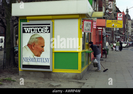 An advertisement of a newspaper with the image of Pope John Paul II, Poznan, Poland Stock Photo