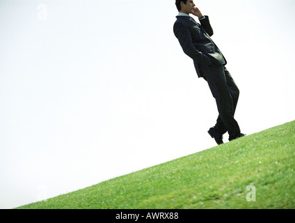 Businessman using cell phone outdoors, tilt Stock Photo