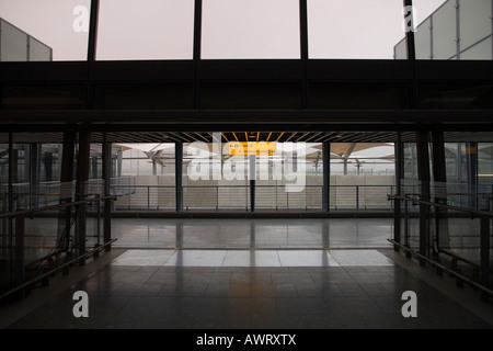 Exit to the Train and Underground stations at London Heathrow Airport terminal 5 Stock Photo