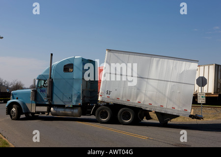 A tractor trailer was hit by an oncoming freight train at a railroad crossing on Battlefield Ave in Kings Mountain NC, Stock Photo