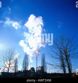 PULP PAPER PLANT SMOKESTACKS AND LEAFLESS TREES STRASBOURG ALSACE FRANCE Stock Photo