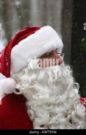 Santa Claus in the woods of the North Pole during winter while it is snowing before Christmas Stock Photo