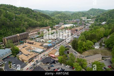 Aerial view of downtown Gatlinburg, Tennessee, USA looking south from observation tower Stock Photo