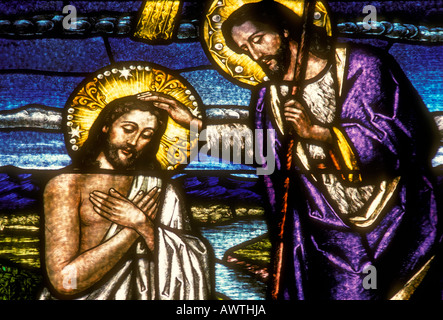 stained glass window, stained glass, The Baptism of Our Lord Jesus Christ, John the Baptist, Jesus Christ, Baptism of Jesus, Stock Photo