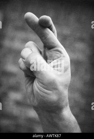 Crossed fingers, close-up, b&w Stock Photo