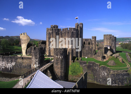 Caerphilly Castle inner ward from gatehouse tower showing new visitor centre roof Caerphilly South Wales UK Stock Photo