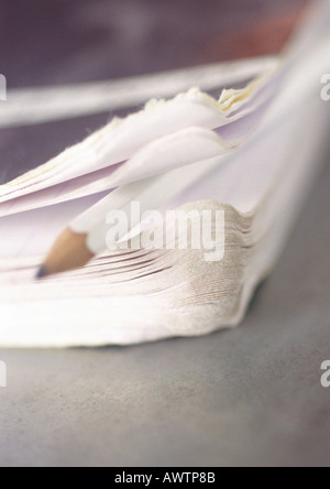School book and pencil, close-up. Stock Photo