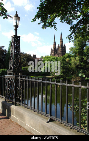 Lichfield Cathedral from Beacon Street and Minster Pool, Lichfield city, Staffordshire, England Stock Photo