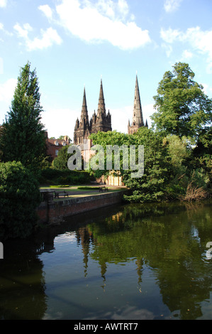 Lichfield Cathedral from Minster Pool, Lichfield city, Staffordshire, England Stock Photo