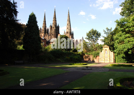 Lichfield Cathedral from Memorial Gardens, Beacon Street, Lichfield city, Staffordshire, England Stock Photo