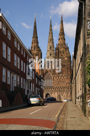 The west front of Lichfield Cathedral from The Close and Beacon Street, Lichfield city, Staffordshire, England Stock Photo