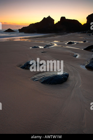 Bedruthan Steps at twilight in midsummer on the Cornwall Coast Stock Photo