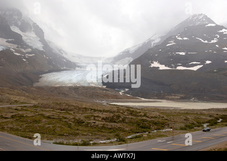 Columbia Icefields and the Athabasca Glacier in wet and windy weather conditions. Stock Photo