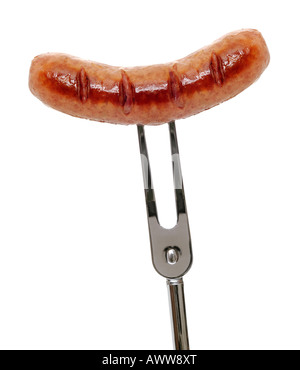 Sausage on a Fork Against a White Background Stock Photo