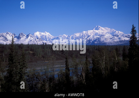 Alaska Range with Mount Hunter and Mount McKinley with Chulitna river from Parks Highway overlook in Denali State Park Alaska Stock Photo
