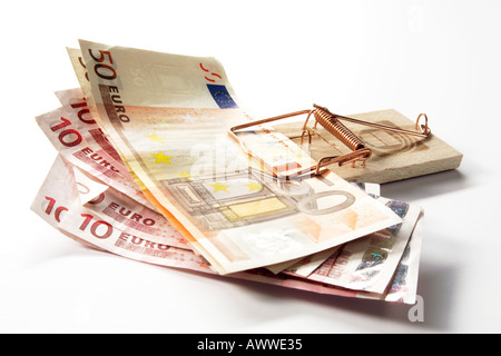 Euro notes in mousetrap, close-up Stock Photo